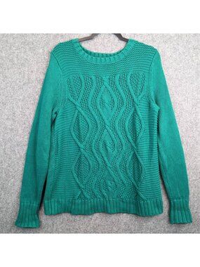 Lands End Drifter Cable Knit Sweater Green Long Sleeve Womens L 14-16 Cotton